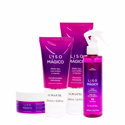 Produtos da marca Lowell, incluindo shampoo, condicionador, fluido termoativado e máscara capilar da linha Liso Mágico, todos em embalagens com predominância de cores rosa e roxo.