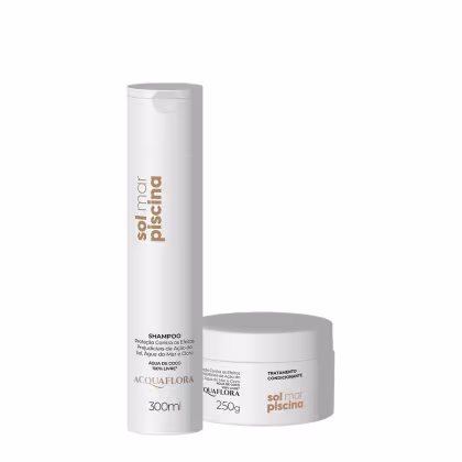 Conjunto de produtos Acquaflora para piscina, incluindo um frasco de shampoo de 300ml e um pote de tratamento condicionante de 250g, com embalagens brancas e detalhes em dourado.