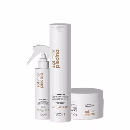 Produtos Acquaflora: shampoo de 300ml, condicionador de 250g e fluido protetor de 120ml, em embalagens brancas com detalhes em dourado, exibindo o nome da marca e informações sobre os produtos.