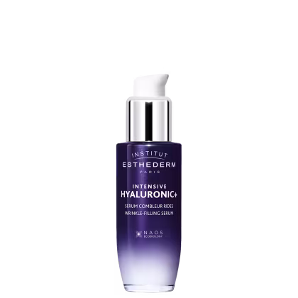 Frasco de soro facial Intensive Hyaluronic+ da marca Esthederm Paris, com embalagem em tons de roxo e branco, contendo informações sobre o produto e sua tecnologia NAOS Ecobiology.