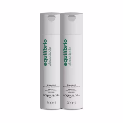 Dois frascos brancos de shampoo da marca Acquaflora, com rótulos verdes indicando o nome do produto "Equilibrio Oleosidade". Cada frasco possui 300ml de capacidade.