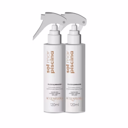 Dois frascos de 120ml do fluido iluminador Sol Mar Piscina da marca Acquaflora, com rótulos brancos e detalhes em dourado, apresentando um design de pulverizador.