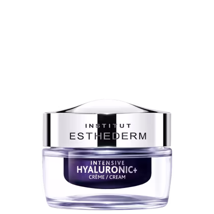 Frasco de creme facial da marca Institut Esthederm, com embalagem de vidro transparente e tampa preta. Rótulo em preto e branco indica o nome do produto "Intensive Hyaluronic+ Crème/Cream".
