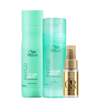 Três produtos Wella Professionals: shampoo Invigo Volume Boost, máscara Invigo Volume Boost e óleo Reflections, em embalagens plásticas e de vidro nas cores verde e dourado.