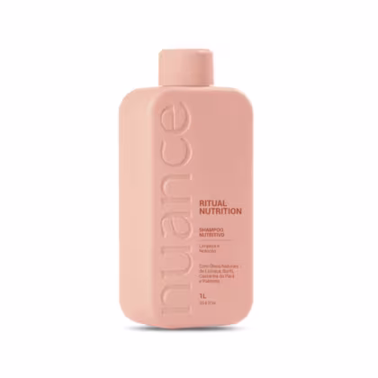 Shampoo nutritivo da marca Nuance Professional, com a denominação "Ritual Nutrition". A embalagem é um frasco plástico de cor rosa claro, com o nome da marca e do produto destacados em relevo. O frasco possui um volume de 1 litro.