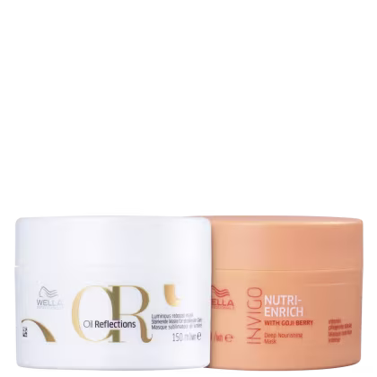 Dois produtos Wella Professionals: um frasco branco com rótulo dourado "Oil Reflections" e um pote laranja com rótulo "Nutri-Enrich with Goji Berry Deep Nourishing Mask".