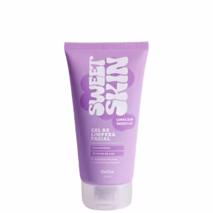 A imagem mostra uma embalagem de 150ml de gel de limpeza facial, tipo bisnaga lilás com letras em branco.