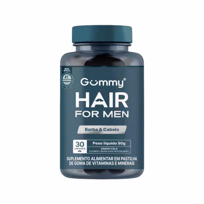 Produto de suplemento alimentar em pastilhas de goma de vitaminas e minerais para cabelo e barba masculinos. Peso líquido de 90g com 30 unidades.