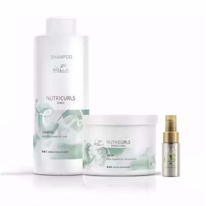 Produtos Wella Professionals Nutricurls: shampoo, máscara e spray em embalagens brancas com detalhes em verde, indicando tratamento para cabelos cacheados e ondulados.
