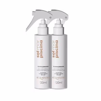 Dois frascos brancos de 120ml da linha Acquaflora, com rótulos indicando "Fluido Iluminador" e "Sol mar piscina", contendo água de coco e vitaminas.