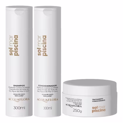 Conjunto de produtos Acquaflora para cabelos, incluindo shampoo, condicionador e tratamento condicionante da linha  Sol Mar Piscina, em embalagens brancas com detalhes em dourado, contendo informações sobre os benefícios da água de coco.