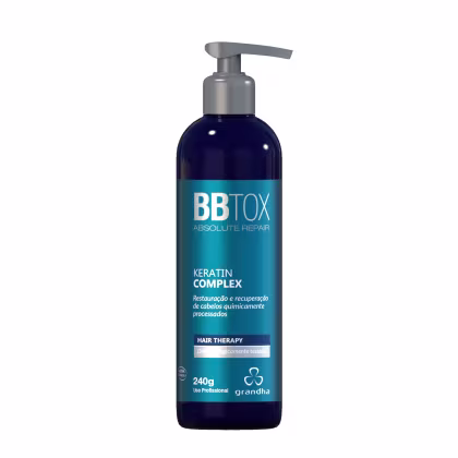 Frasco de tratamento capilar Grandha BB Tox Absolute Repair, com 240g, contendo Keratin Complex. Embalagem em tom azul e roxo, com rótulo destacando os benefícios de restauração e recuperação dos cabelos quimicamente processados.