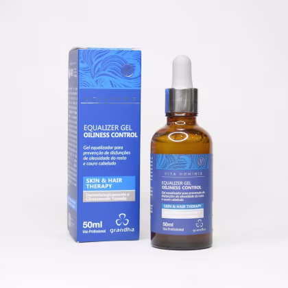 Equalizer Gel Oiliness Control da Grandha, um gel em frasco de 50ml com embalagem azul e branca, destinado ao tratamento da oleosidade da pele e do couro cabeludo.