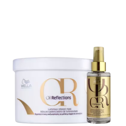 Produtos Wella Professionals: máscara potenciadora de luminosidade Oil Reflections em embalagem branca e frasco de óleo capilar Oil Reflections em embalagem dourada.