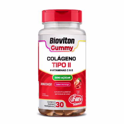 Imagem do produto Suplemento Colágeno Tipo II+Vit E e C Bioviton Gummy Sabor Morango Unilife 30 Gomas Mastigáveis