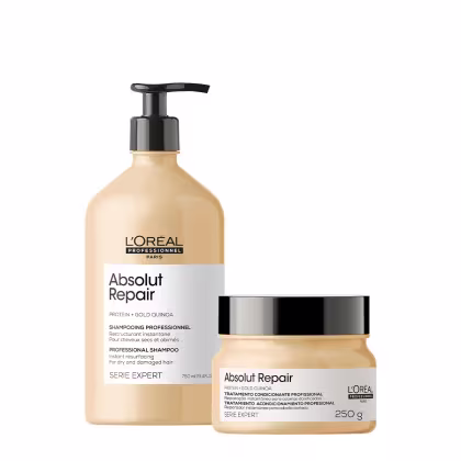 Conjunto de produtos L'Oréal Professionnel da linha Absolut Repair, incluindo um frasco de shampoo com bomba e um pote de tratamento condicionante, ambos com embalagens em tons de bege e preto.