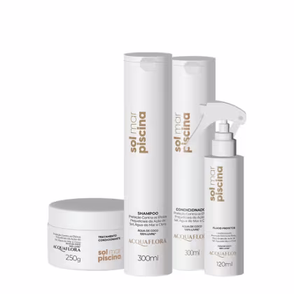 Produtos Acquaflora: shampoo, condicionador, máscara e leave-in da linha Sol Mar Piscina.