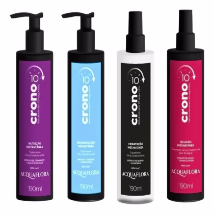 Quatro frascos de produtos Acquaflora da linha Crono 10: nutrição instantânea, hidratação instantânea, selagem instantânea e condicionamento ultra.