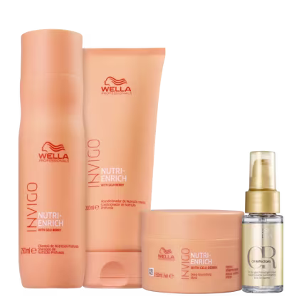 Produtos da linha Nutri-Enrich da Wella Professionals, incluindo shampoo, condicionador, máscara e óleo em embalagens de cores laranja e branca com o logotipo da marca.