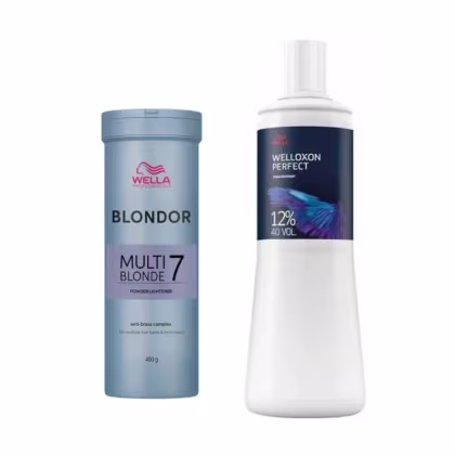 Dois produtos Wella Professionals: Blondor Multi Blonde 7, um pó descolorante em embalagem azul, e Welloxon Perfect, um oxidante em embalagem branca com detalhes azuis, ambos com informações sobre seus usos e características.