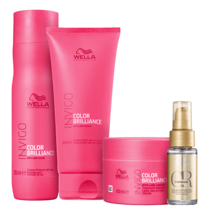 Produtos da linha Wella Professionals Color Brilliance, incluindo shampoo, condicionador e tratamento intensivo para cabelos coloridos, em embalagens rosa e douradas com o logo da marca.