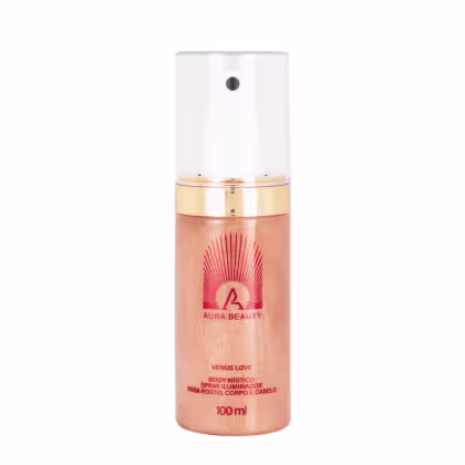 Frasco de spray corporal Aura Beauty Venus Love, com embalagem de vidro transparente e detalhes em dourado e laranja, contendo 100ml do produto.