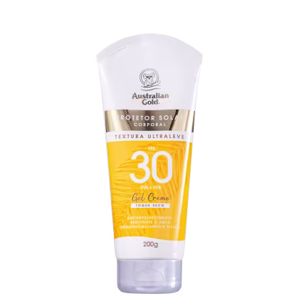 Protetor solar corporal em embalagem de tubo plástico branco com detalhes em amarelo. Gel creme com fator de proteção solar 30, textura ultraleve, resistente à água e suor. Fórmula antioxidante e de rápida absorção.