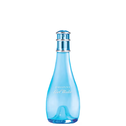 Frasco de perfume Davidoff Cool Water, com design elegante e formato cilíndrico em tons de azul, destacando o nome da fragrância em letras brancas.