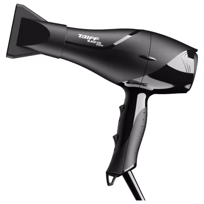 Secador de cabelo Taiff Black Ion 2000W, com design compacto e preto brilhante, apresentando o nome da marca e modelo em destaque na carcaça.