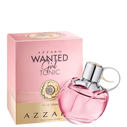 Frasco de perfume Azzaro Wanted Girl Tonic em embalagem rosa com detalhes dourados, contendo um líquido rosa. O rótulo apresenta o nome da fragrância em destaque.