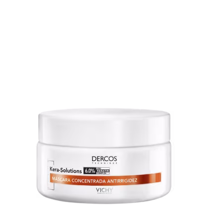 Frasco branco de máscara concentrada antirrigidez da linha Kera-Solutions da Dercos, marca Vichy, com 6,0% de complexo de queratina.