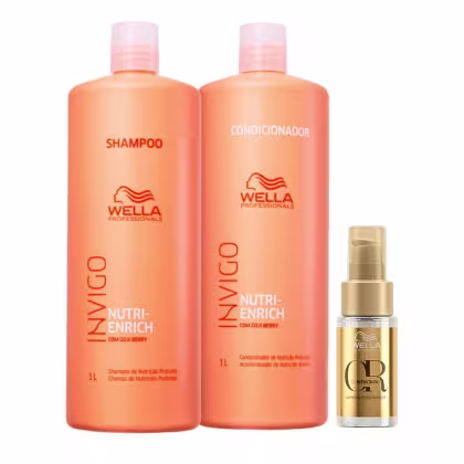Dois frascos grandes de plástico na cor laranja, um contendo shampoo e o outro condicionador da linha Nutri-Enrich com Goji Berry, ambos com capacidade de 1 litro. Também há um frasco menor dourado com um spray de óleo capilar da linha Oil Reflections.