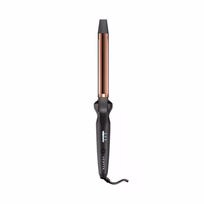 Modelador de cabelo Vertix com design moderno em preto e cobre, com controle de temperatura e indicador digital, ideal para criar penteados com precisão.