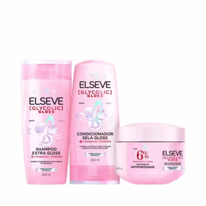 Kit Elseve L’Oréal Paris Glycolic Gloss Triple Essential, 3 produtos.