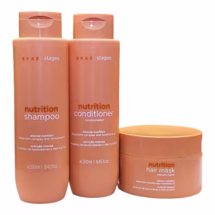 Três produtos da marca Braé: shampoo, condicionador e máscara capilar da linha Nutrition, em embalagens laranja com detalhes em branco e texto descritivo.