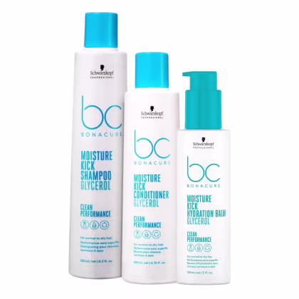Três produtos da linha Bonacure da Schwarzkopf Professional: shampoo, condicionador e bálsamo hidratante, em embalagens brancas e azuis com o logotipo da marca.