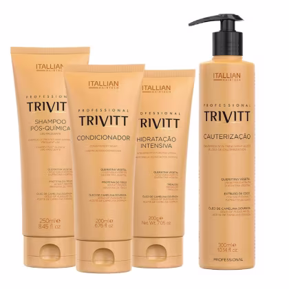 Conjunto de produtos de tratamento capilar da marca Itallian Hairtech, incluindo shampoo, condicionador, máscara hidratante e tratamento de cauterização, em embalagens de plástico com cores predominantes de laranja e preto.