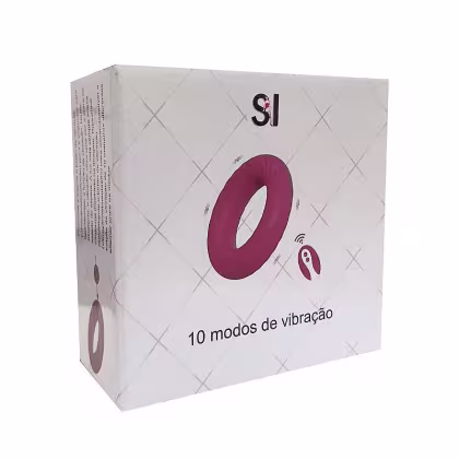 Caixa branca com detalhes em rosa contendo o texto "10 modos de vibração" e o logotipo "Si", indicando um produto de vibrador com 10 modos de funcionamento da marca Sexy Import.