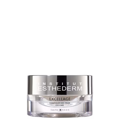 Frasco de creme para o contorno dos olhos da marca Esthederm, com embalagem de vidro transparente e rótulo em preto e branco com o nome "Excellage Contour des Yeux".