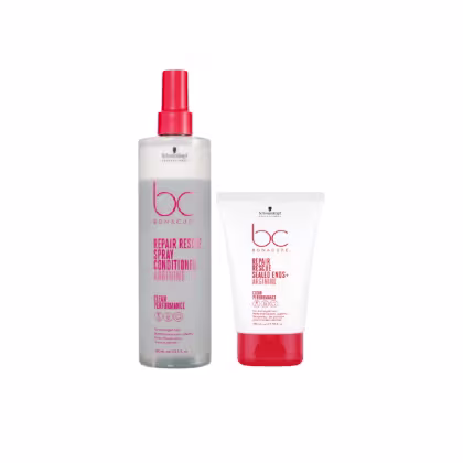 Dois produtos da linha Bonacure da Schwarzkopf Professional: um frasco spray de condicionador de reparação e um tubo de creme de tratamento para pontas. Embalagens brancas e vermelhas com rótulos indicando os nomes dos produtos e suas funcionalidades.