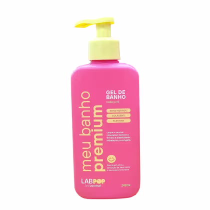Gel de banho Labotrat Belle Pink com 240ml, embalagem rosa com rótulo destacando ingredientes como nano retinol, colágeno e elastina, além de informações sobre limpeza, remoção de impurezas e hidratação prolongada.