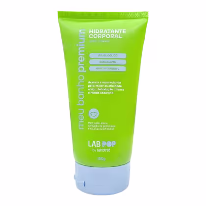Hidratante corporal da marca Labotrat, em embalagem plástica verde e branca, com rótulo destacando ingredientes como ácido glicólico, esqualano e nano vitamina C. Promete acelerar a reparação da pele, maior elasticidade e hidratação intensa.