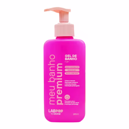Gel de banho rosa vibrante da marca Labotrat, com bomba dosadora, contendo informações sobre ingredientes e benefícios na embalagem.