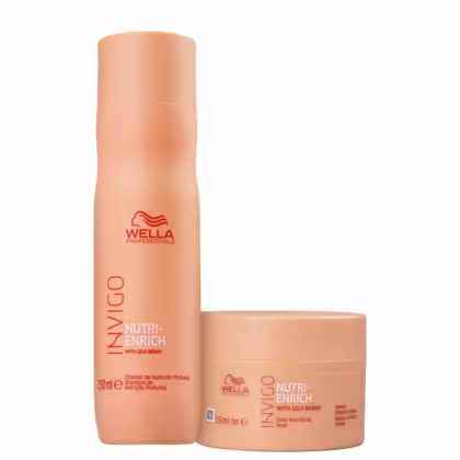 Dois produtos da linha Wella Professionals Invigo Nutri-Enrich: um frasco de shampoo de 250ml e um pote de máscara de 150ml, ambos com embalagem laranja e detalhes em vermelho.