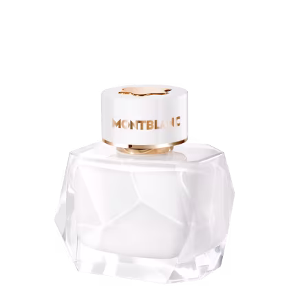 Perfume em frasco de vidro transparente com formato geométrico facetado. O design é minimalista e elegante, característico da marca de luxo Montblanc.