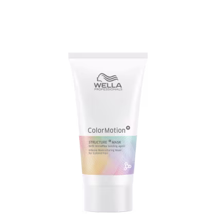 Máscara estruturante em um Tubo de plástico branco opaco com tampa da mesma cor. O rótulo frontal apresenta o logotipo da marca e o nome do produto em letras pretas. Detalhe de faixa inferior com vários tons entre azul, rosa e amarelo mesclando entre si.