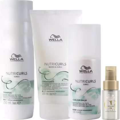 Produtos da linha Nutricurls da Wella Professionals, incluindo shampoo, condicionador e bálsamo para cachos, em embalagens brancas com detalhes em verde e logotipo da marca.