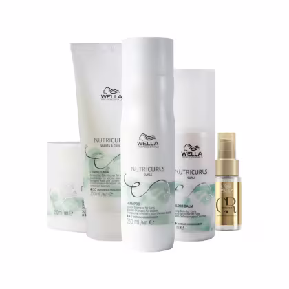 Produtos Wella Professionals: Nutricurl - condicionador, shampoo e bálsamo para cabelos cacheados; Elixir Balm - tratamento para definição dos cachos; Oil Reflections - sérum para cabelos.