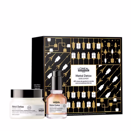 O produto apresentado é um kit de tratamento capilar da linha Metal Detox da L'Oréal Professionnel.
