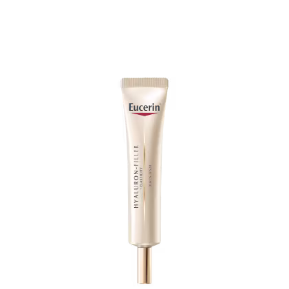 Bisnaga de item de perfumaria da marca Eucerin, com rótulo em tons de azul e vermelho, contendo texto "Hyaluron-Filler" e "Olhos Pró".